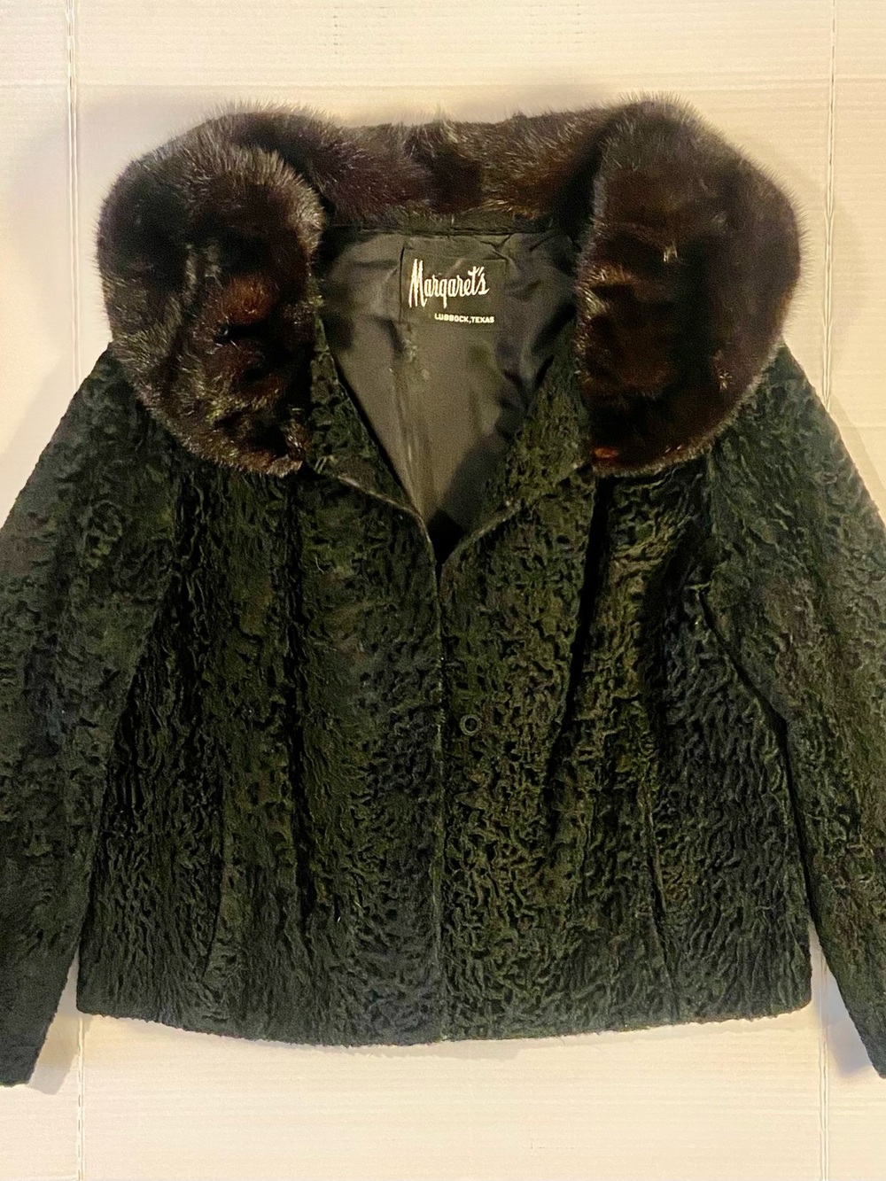 Vintage Margaret’s Black Textured Wool Jacket With Brown Mink Fur Collar